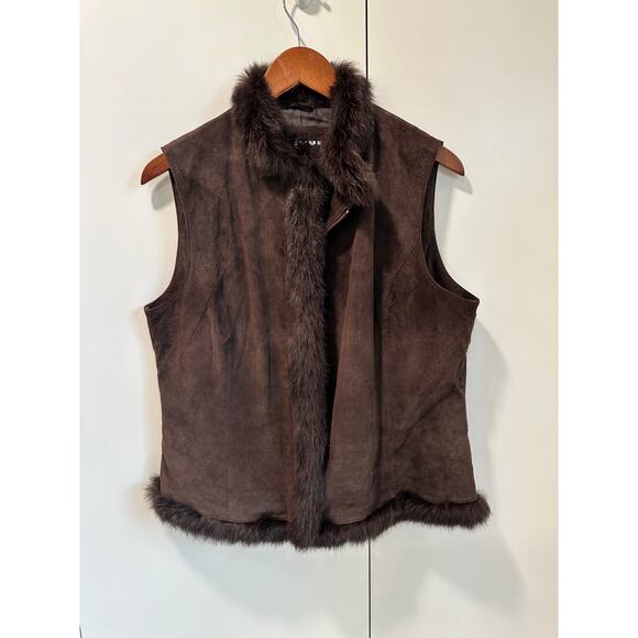 Brown Suede Fur Trimmed Vest Y2K Vintage Size 12/L Heritage Fall Vibes - Picture 2 of 8